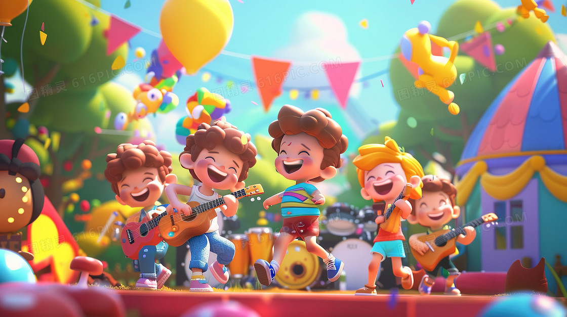 舞台上弹吉他唱歌的孩子们插画