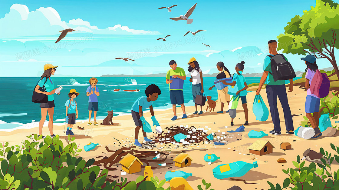 海滩上收拾垃圾的人们插画