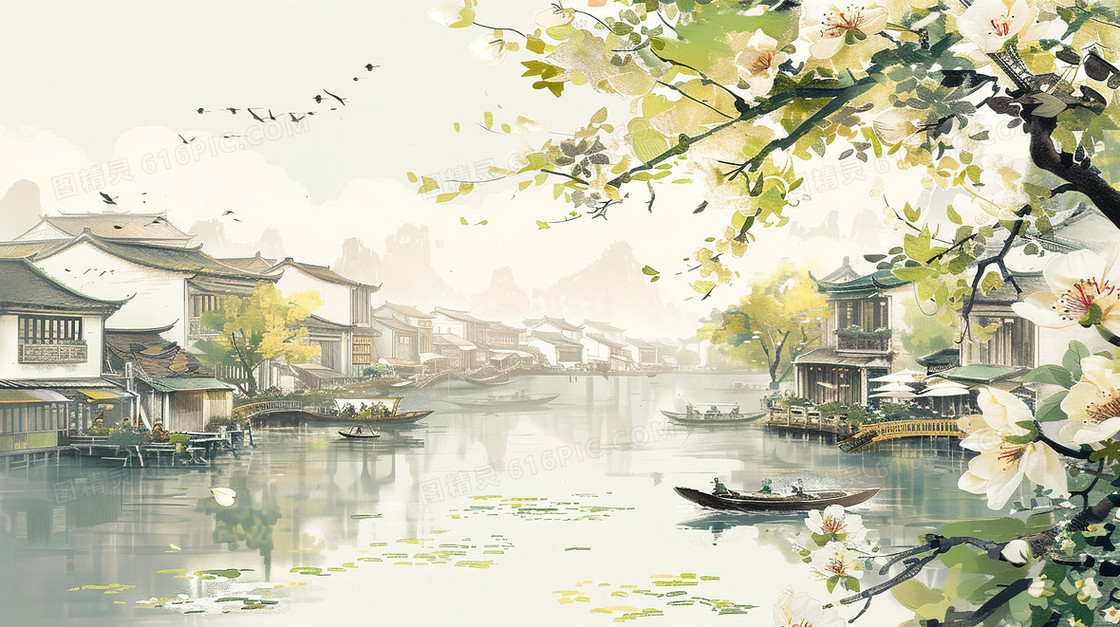 春天里的江南水乡古建筑群插画