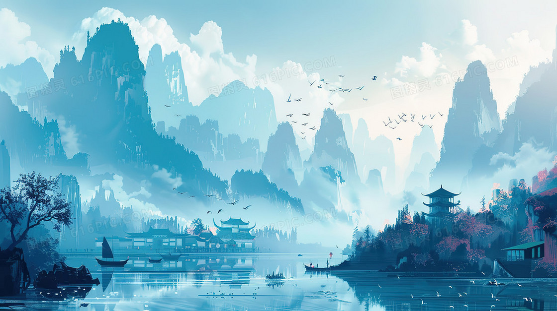 山谷河流旁的古建筑群插画