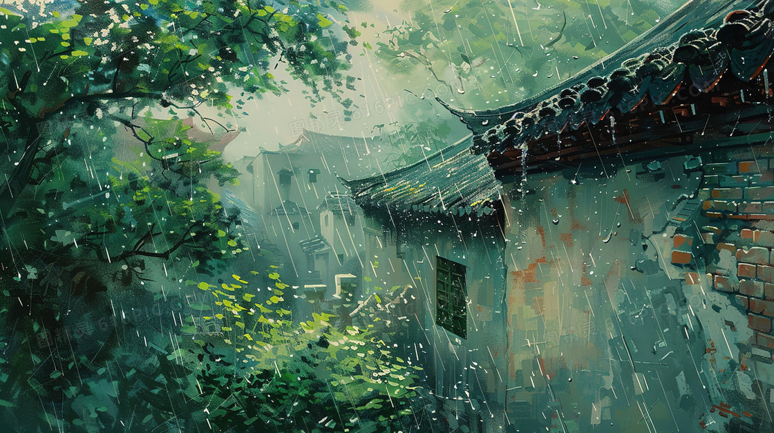 雨中的古建筑屋檐一角插画