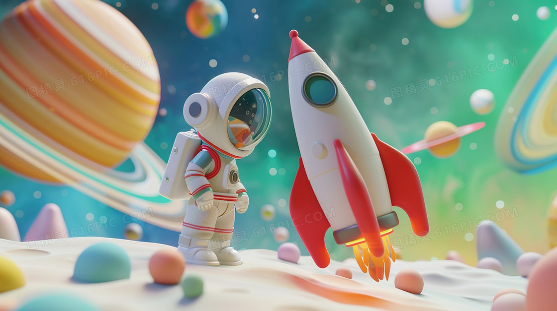 3D航天日宇航员星球探索插画