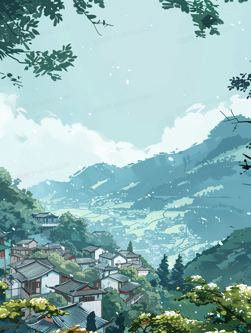 春天乡村手绘自然风景插画