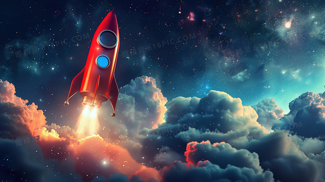 卡通航天探索火箭发射插画