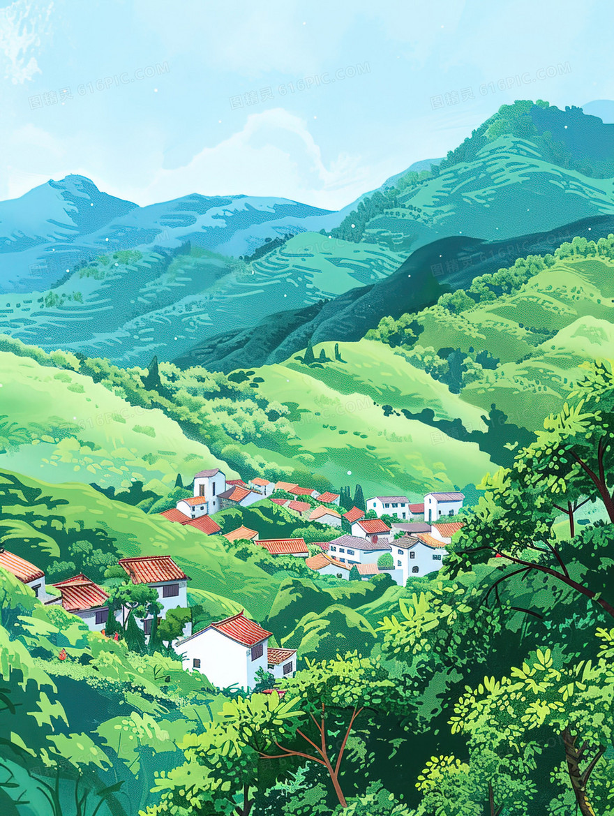 春天乡村手绘自然风景插画