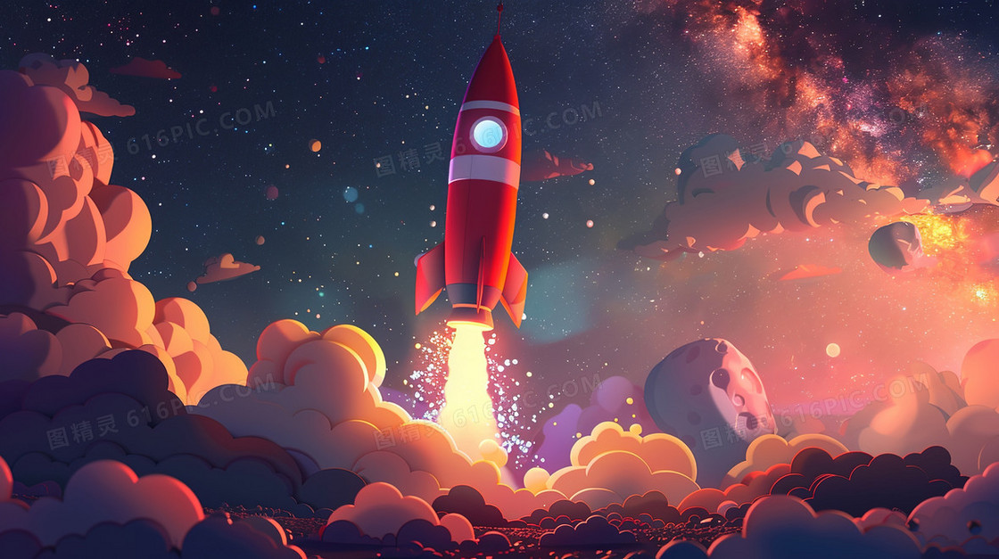 卡通航天探索火箭发射插画