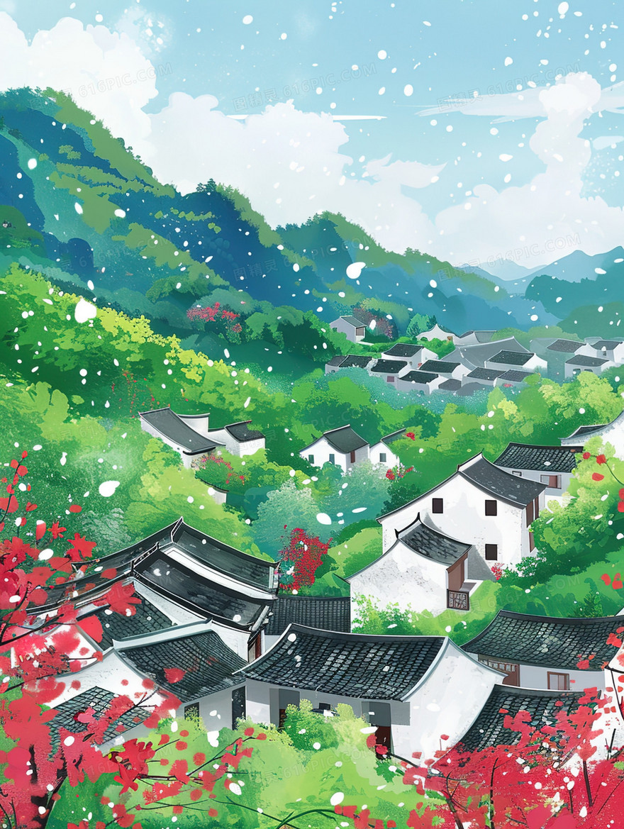 春天乡村手绘自然风景插画