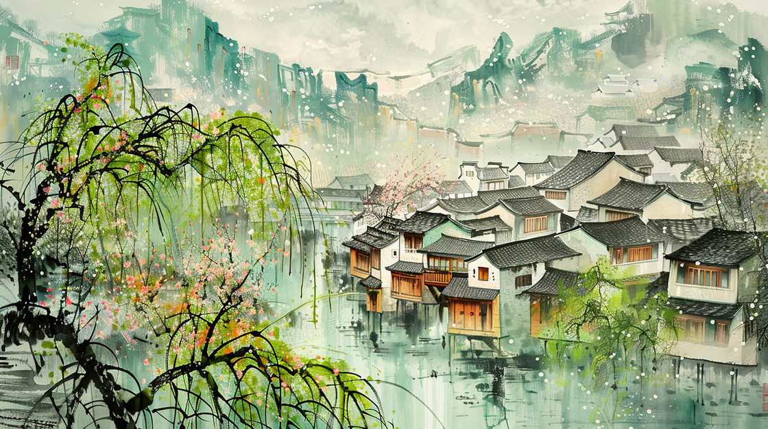 春天乡村手绘自然风景插画