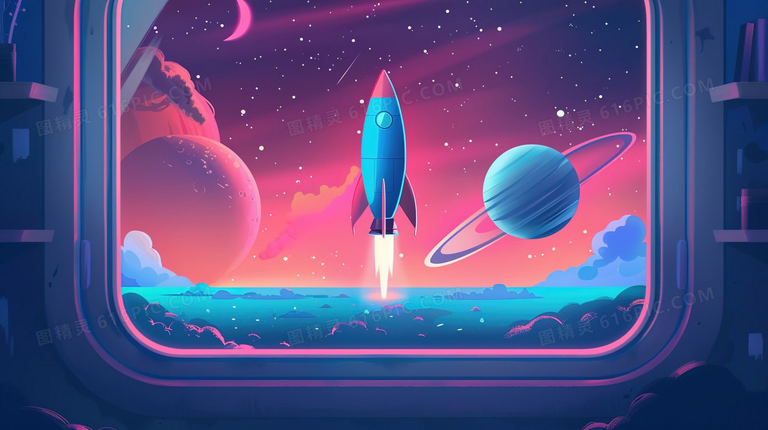 卡通航天探索火箭发射插画