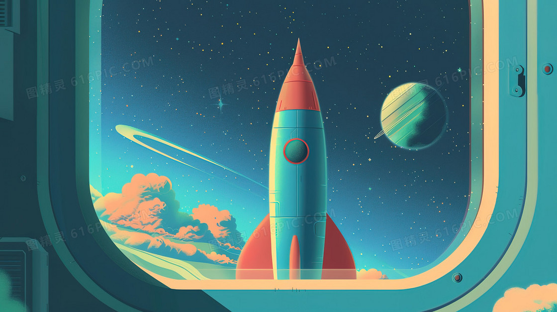 卡通航天探索火箭发射插画