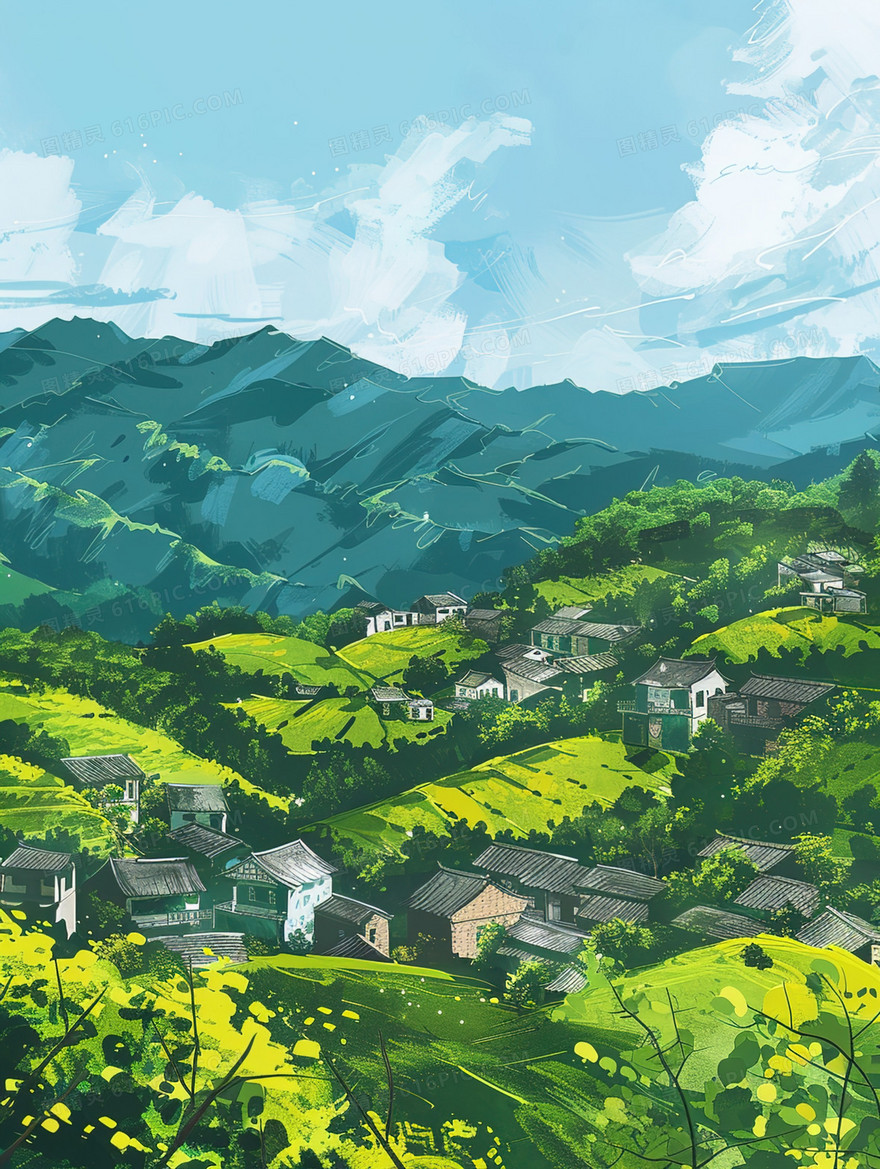 春天乡村手绘自然风景插画