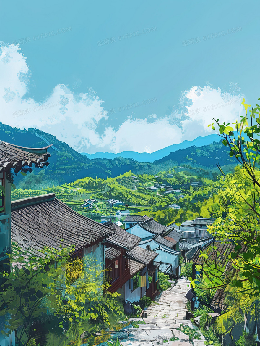 春天乡村手绘自然风景插画