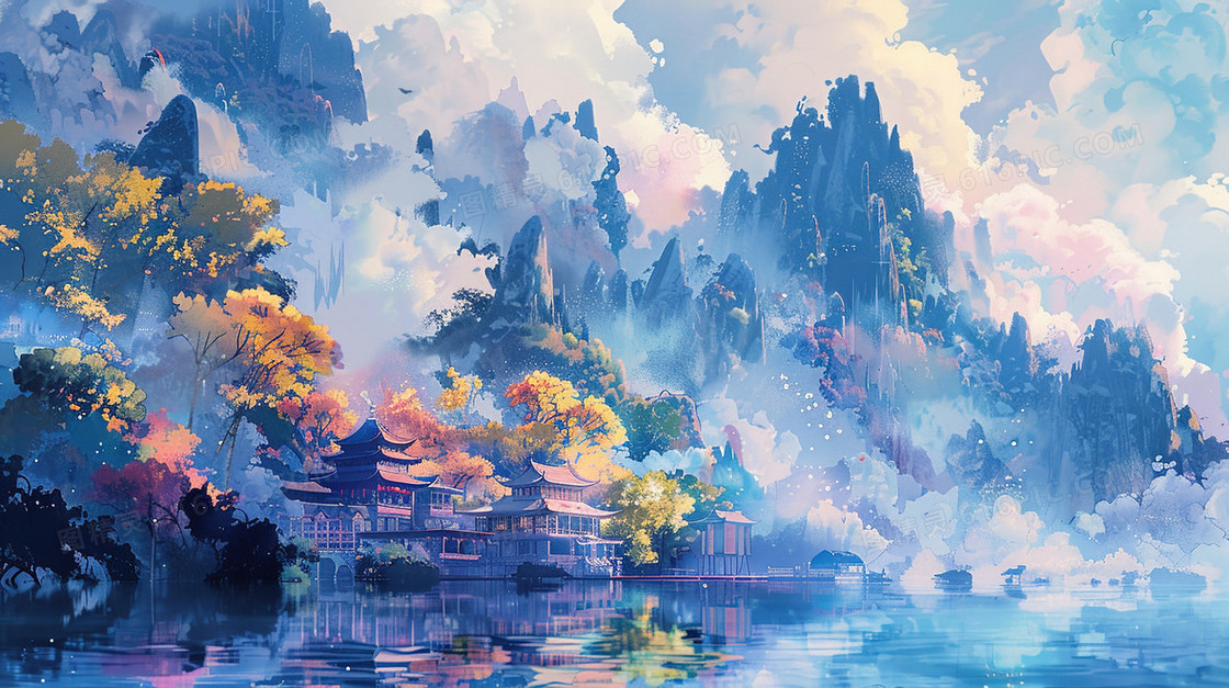 高山树林边的古建筑插画