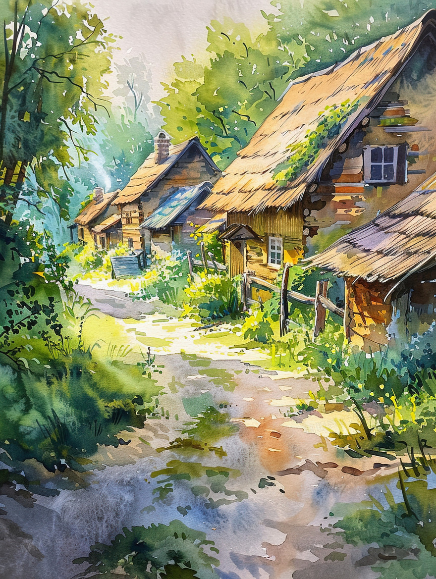 春天乡村手绘自然风景插画