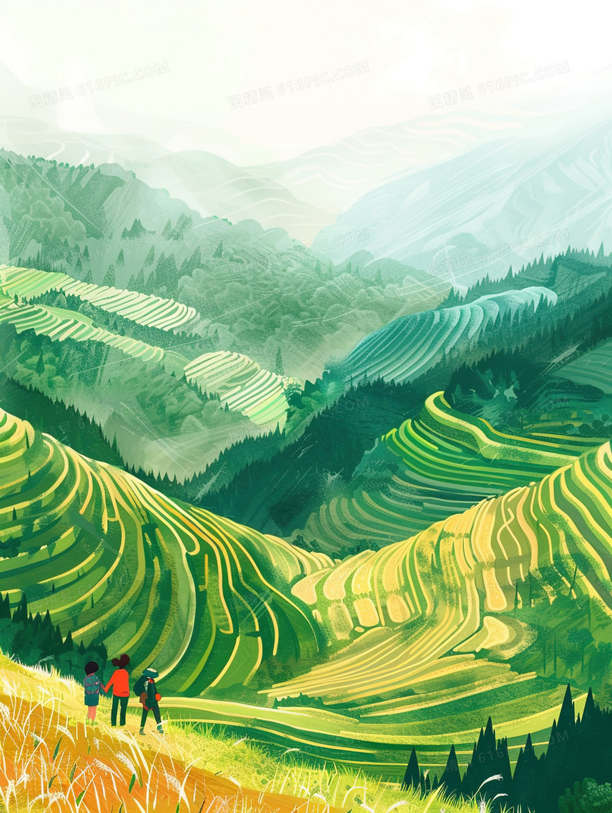 春天乡村山地梯田插画