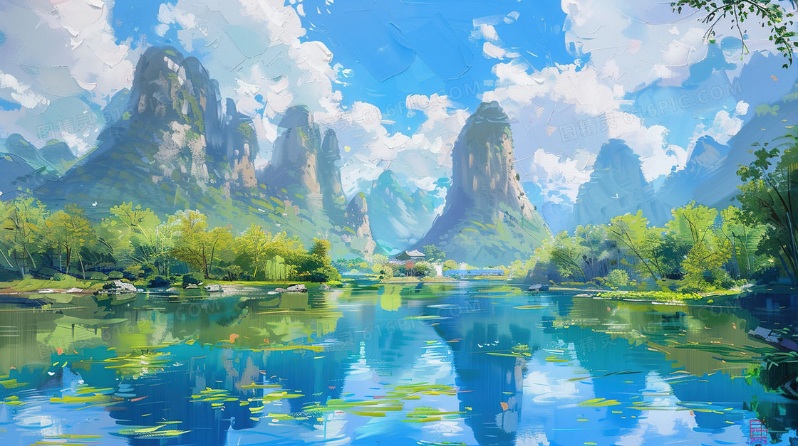 春天山谷中的湖泊插画