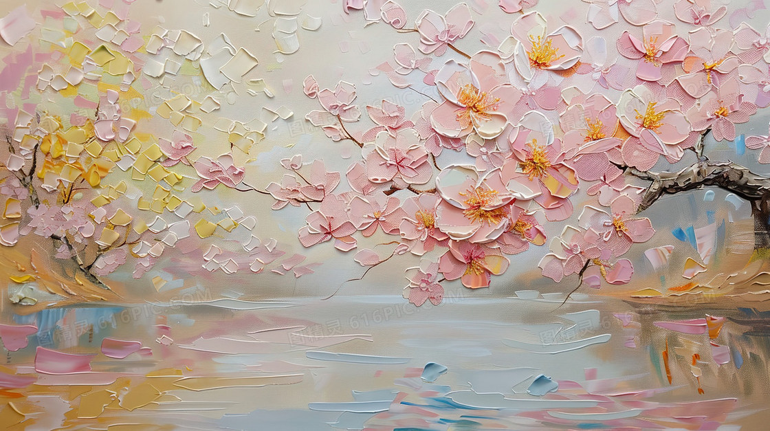 春天盛开的粉色樱花树插画