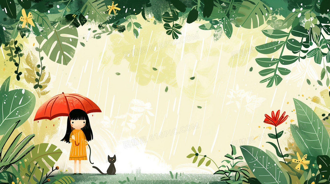 雨中树林里可爱的小女孩和小猫谷雨节气插画