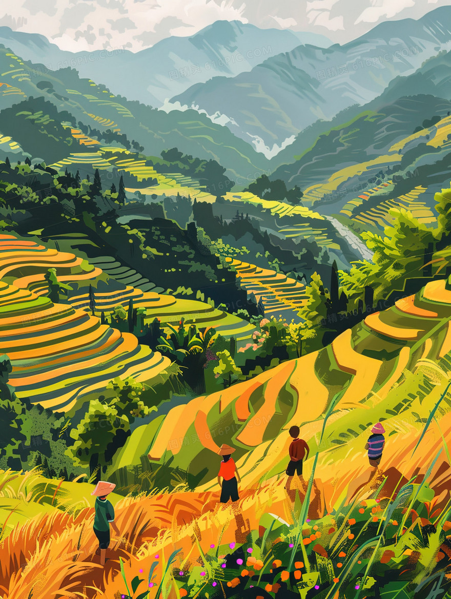 春天乡村山地梯田插画