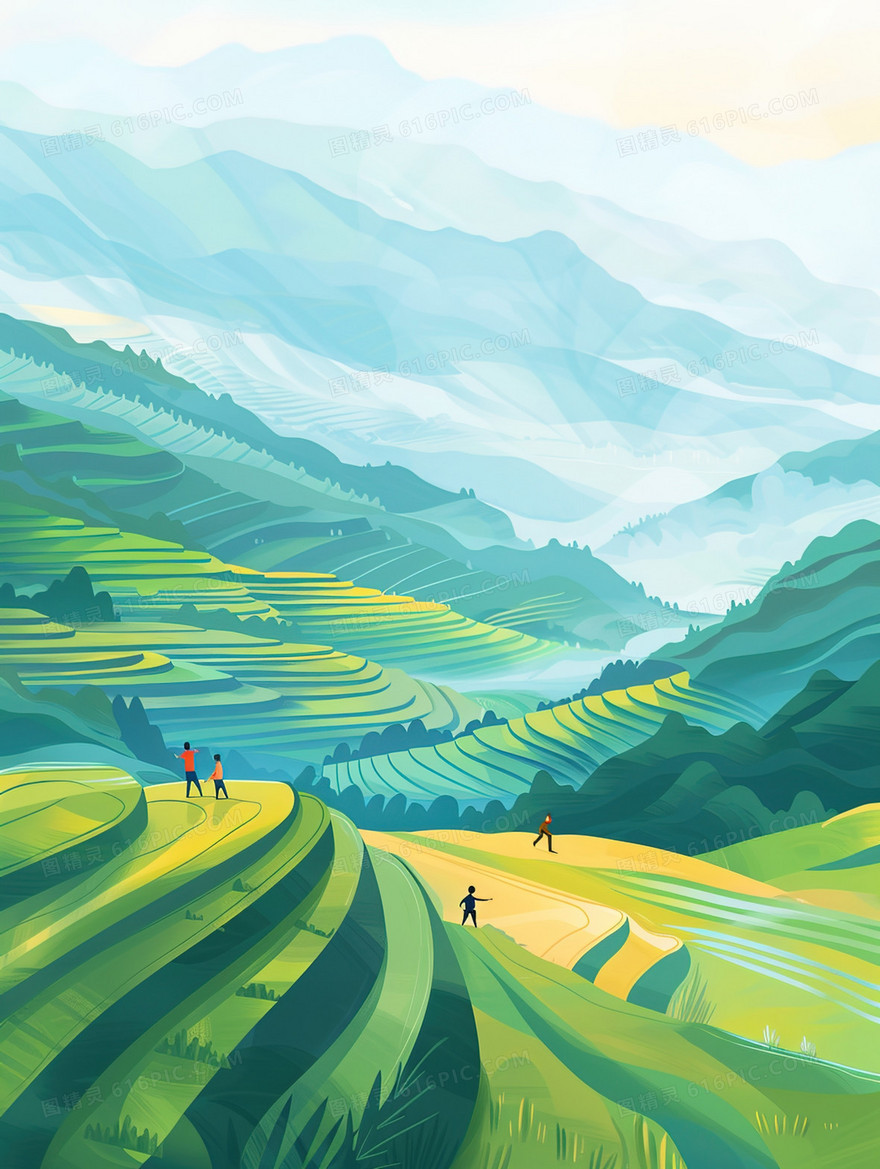 春天乡村山地梯田插画