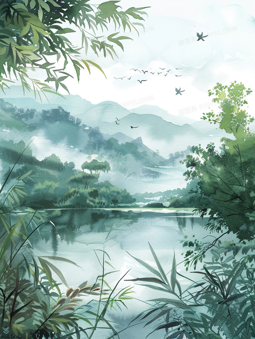 春天丛山中的河流插画