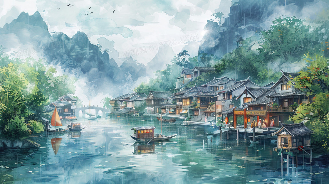 山谷河流边的古建筑群插画