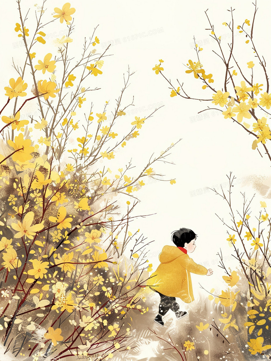 迎春花树下的玩耍的小孩插画
