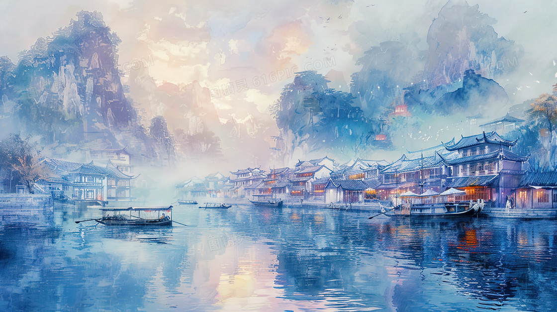 山谷河流边的古建筑群插画