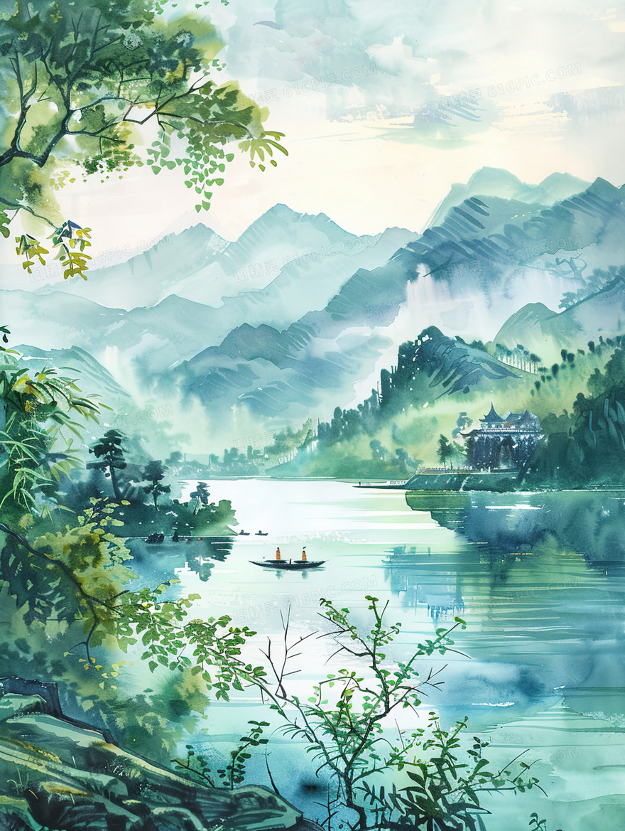 春天丛山中的河流插画