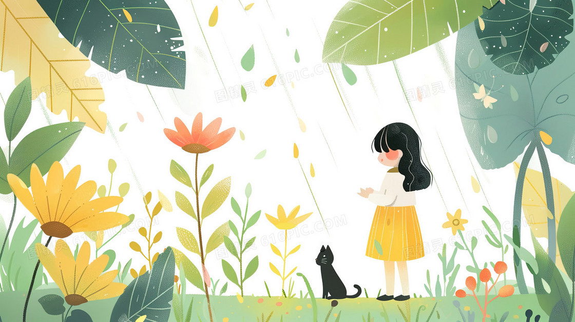 雨中树林里小女孩和小猫谷雨节气插画