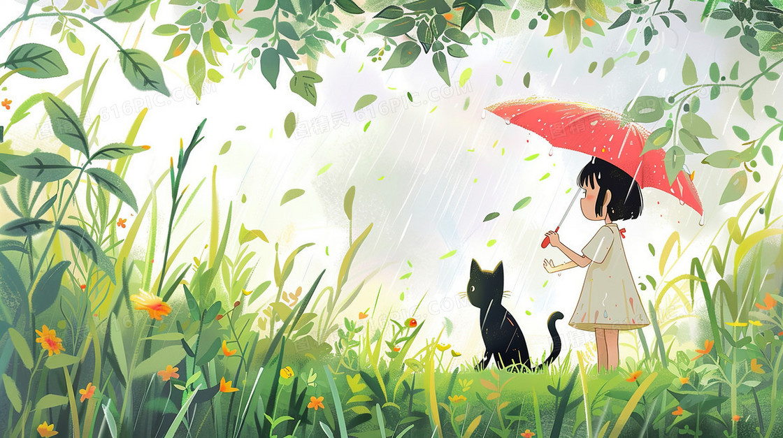 雨中树林里可爱的小女孩和小猫谷雨节气插画