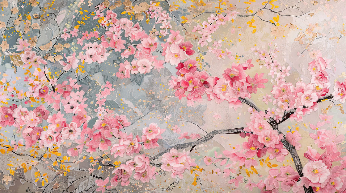 春天盛开的粉色樱花树插画