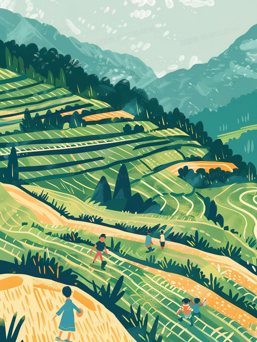 春天乡村山地梯田插画
