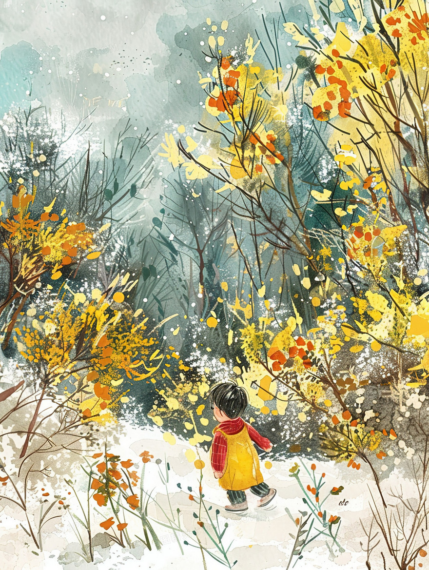 迎春花树下的玩耍的小孩插画