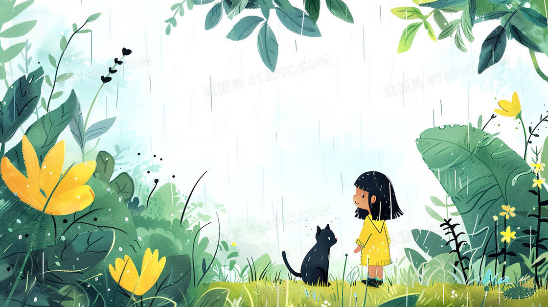 雨中树林里小女孩和小猫谷雨节气插画