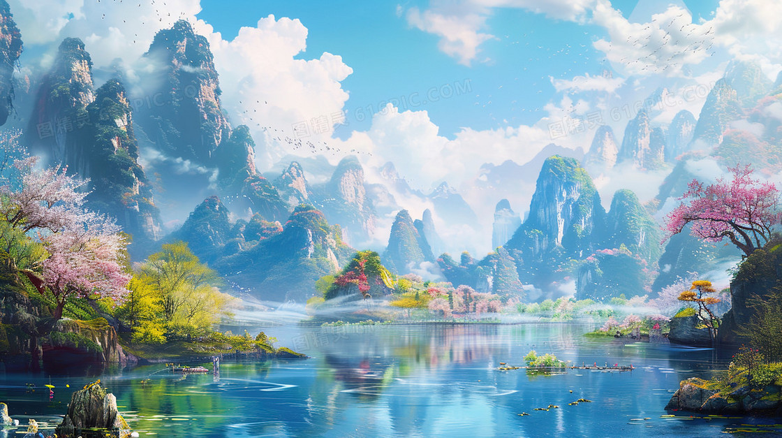 春天山谷中的湖泊插画