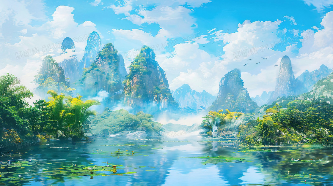 春天山谷中的湖泊插画