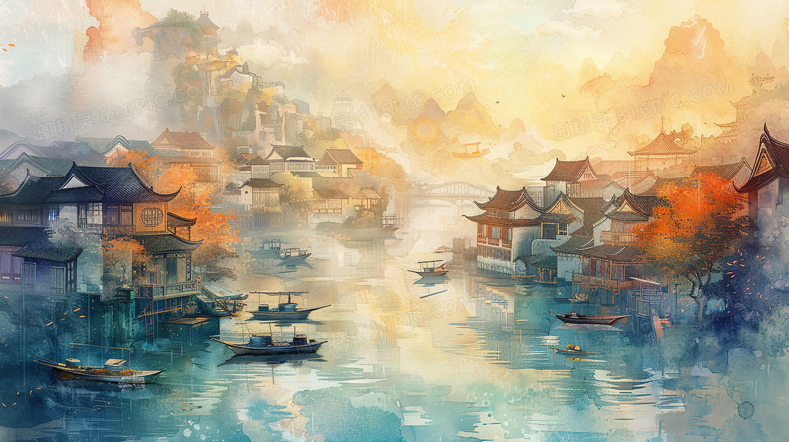 山谷河流边的古建筑群插画