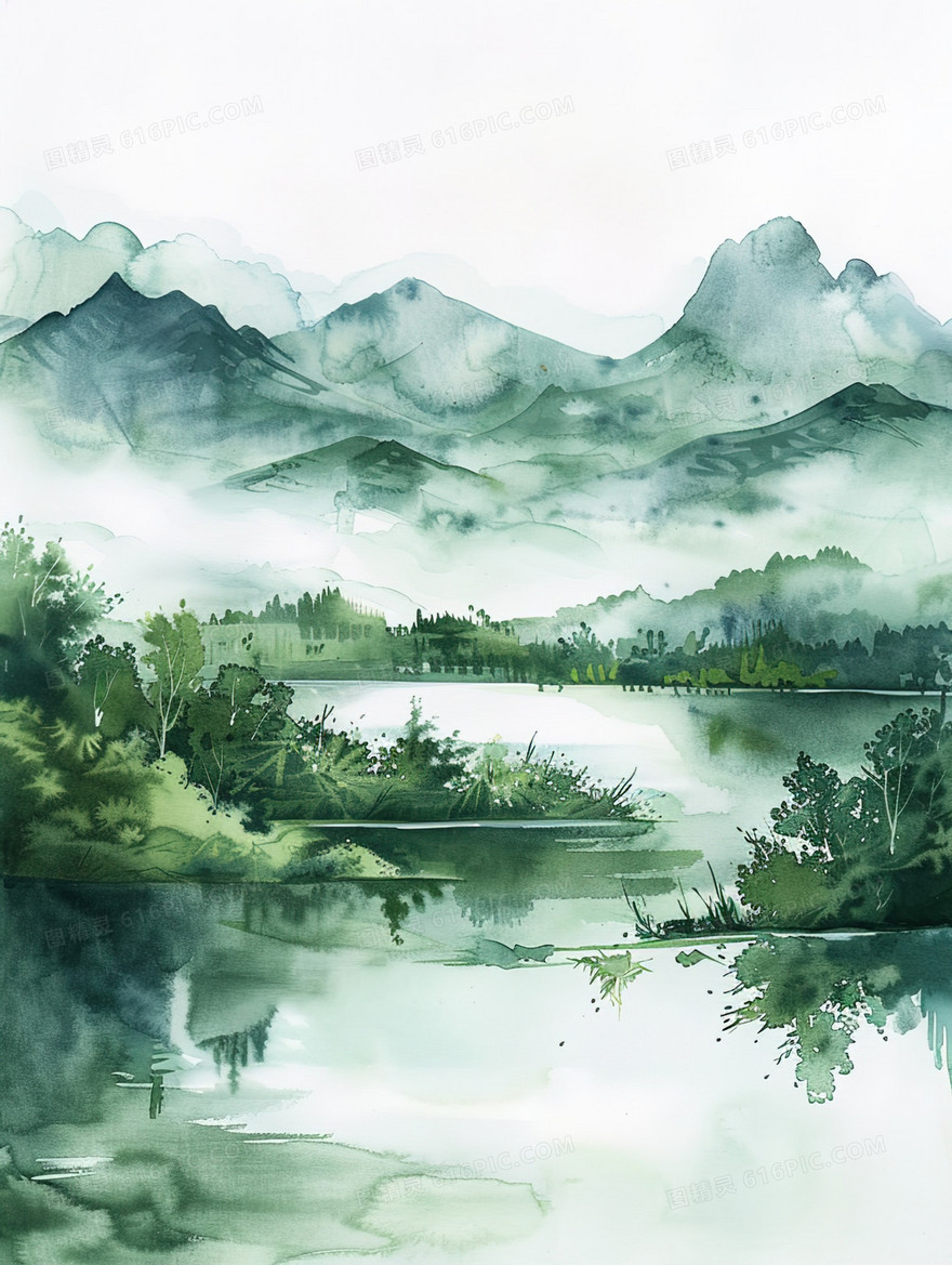 春天丛山中的河流插画