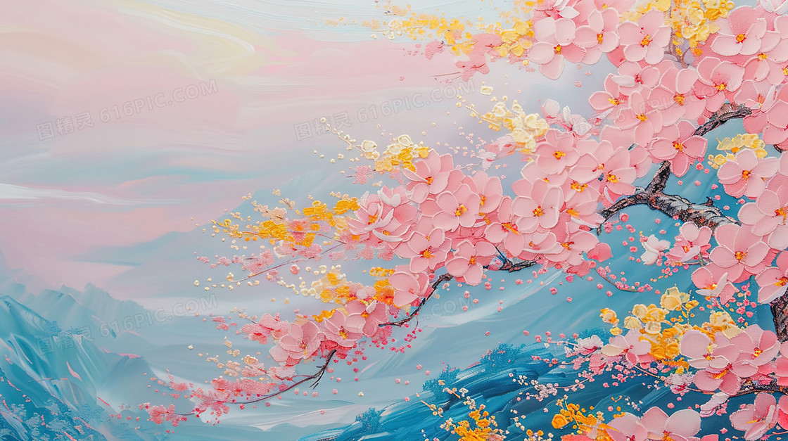 春天盛开的粉色樱花树插画