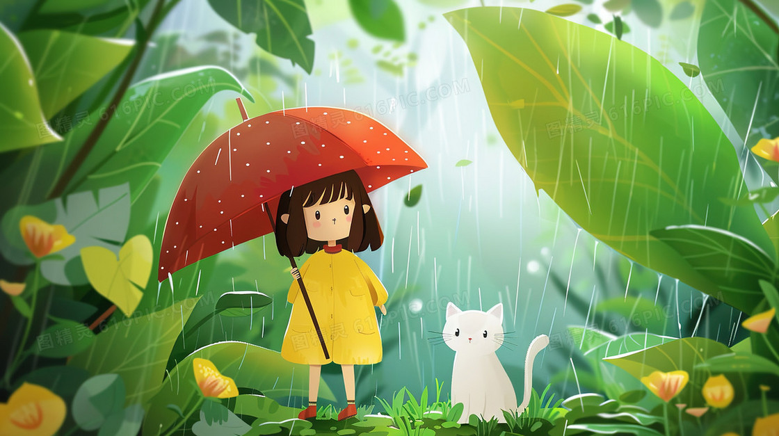 雨中树林里可爱的小女孩和小猫谷雨节气插画