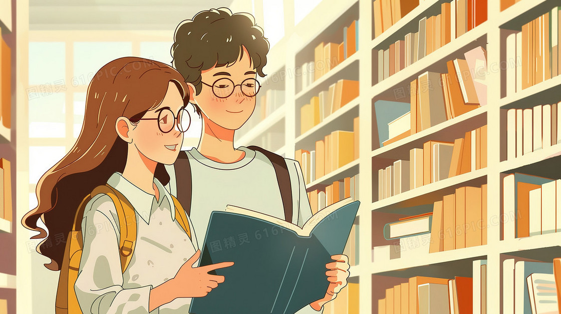 图书馆里一起阅读的男生女生插画