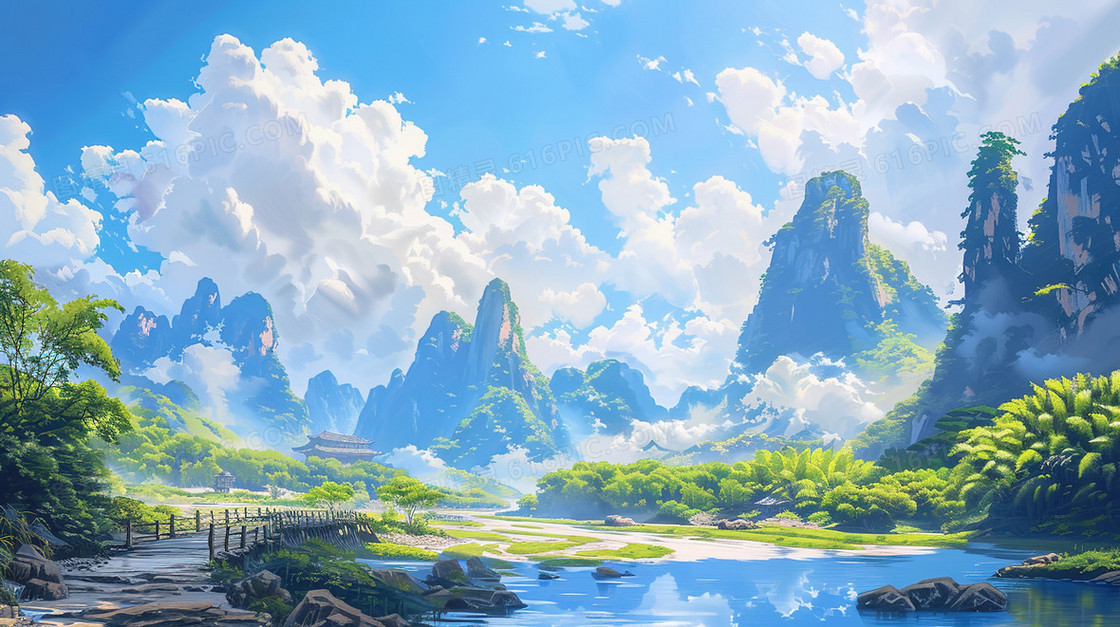 春天山谷中的湖泊插画