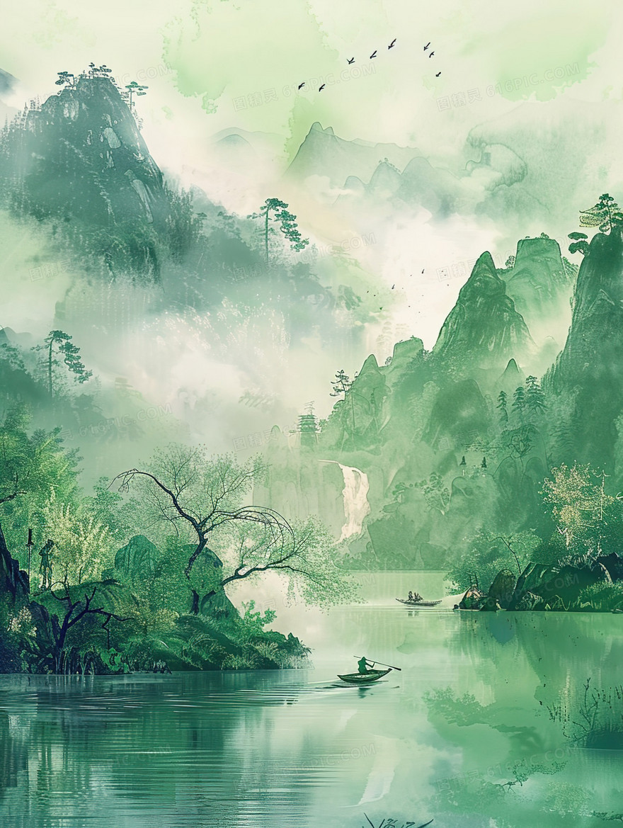 春天丛山河流上的小船插画