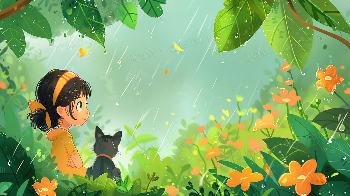雨中树林里小女孩和小猫谷雨节气插画