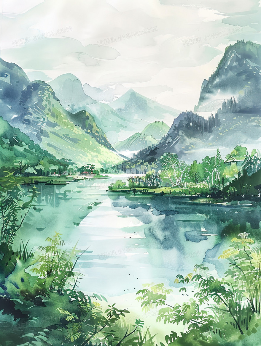 春天丛山中的河流插画