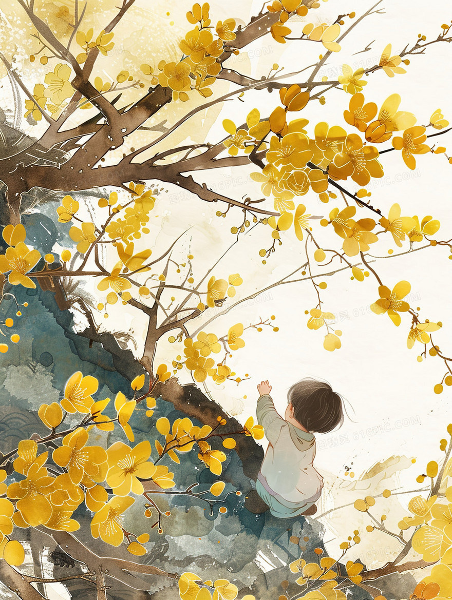 迎春花树下的玩耍的小孩插画