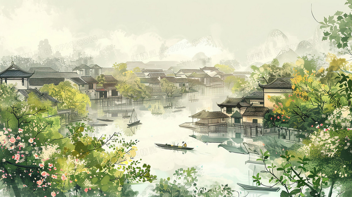 春天里的江南水乡古建筑群插画