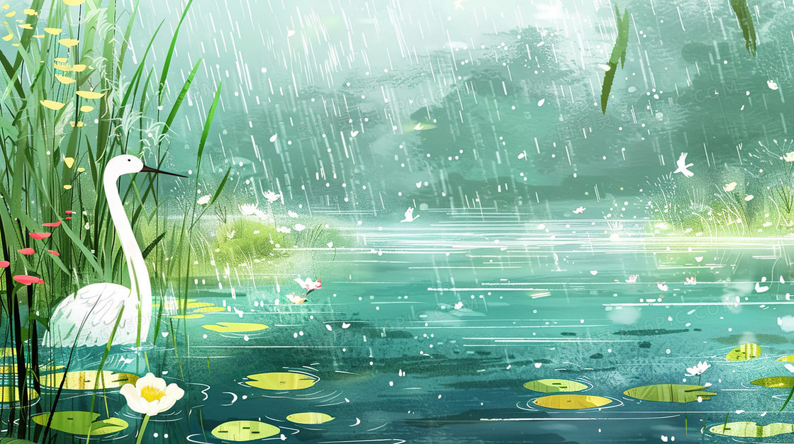 细雨中的草丛小水潭插画