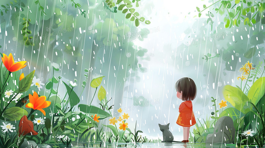 雨中树林里小女孩和小猫谷雨节气插画
